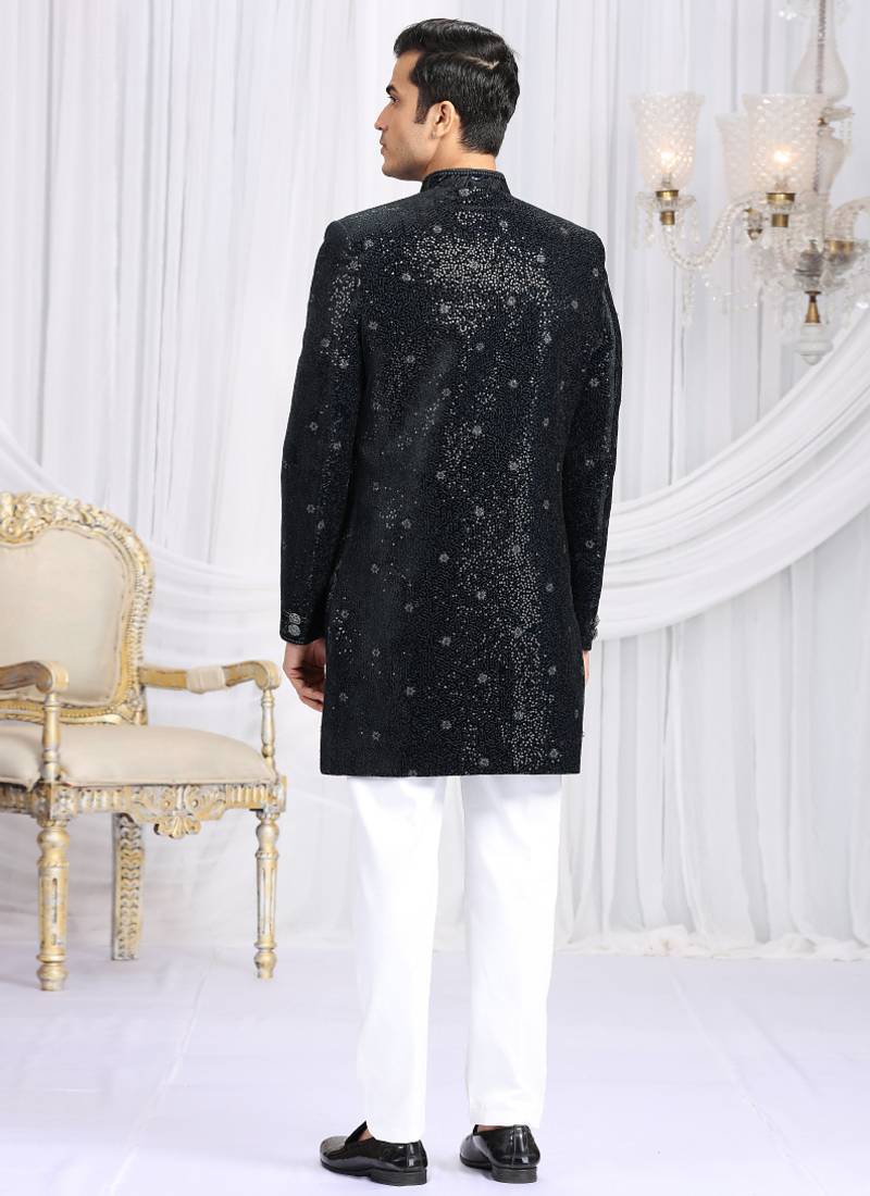 Black wedding wear computer thread work readymade indo western