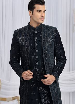 Black wedding wear computer thread work readymade indo western 4