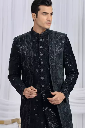 Black wedding wear computer thread work readymade indo western