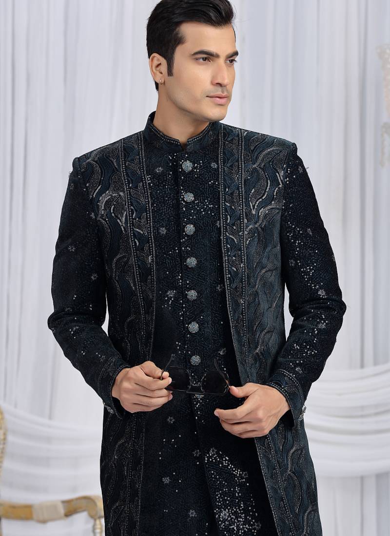 Black wedding wear computer thread work readymade indo western