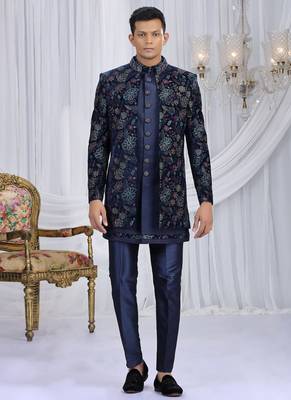 velvet silk navy blue wedding wear computer thread work readymade indo western 1