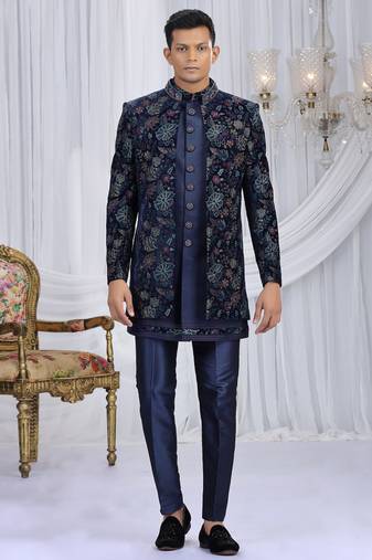 velvet silk navy blue wedding wear computer thread work readymade indo western