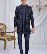 velvet silk navy blue wedding wear computer thread work readymade indo western