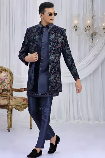 velvet silk navy blue wedding wear computer thread work readymade indo western
