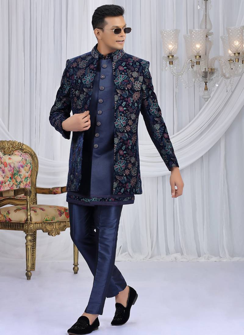 velvet silk navy blue wedding wear computer thread work readymade indo western