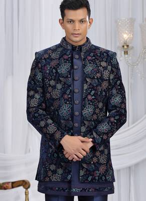 velvet silk navy blue wedding wear computer thread work readymade indo western 3