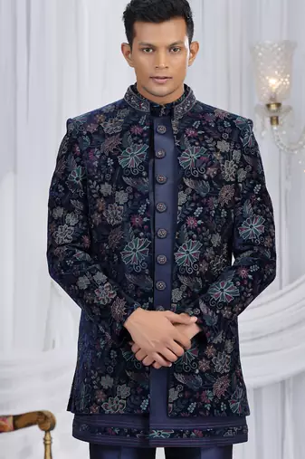velvet silk navy blue wedding wear computer thread work readymade indo western