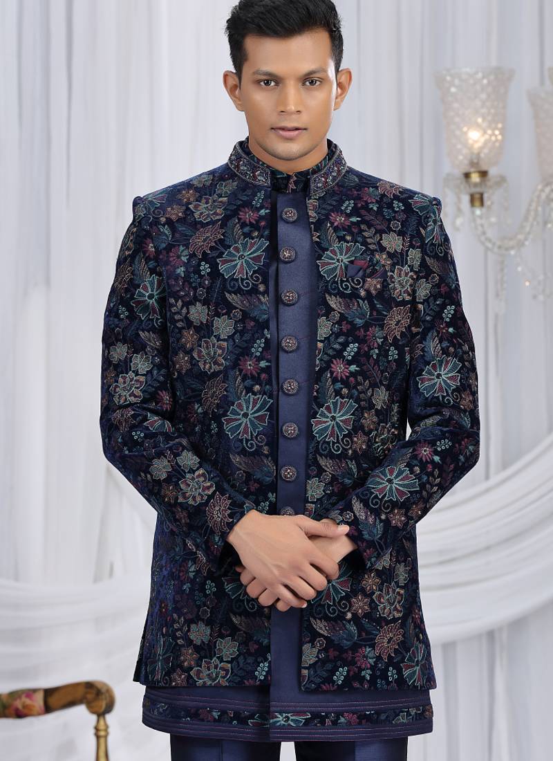 velvet silk navy blue wedding wear computer thread work readymade indo western