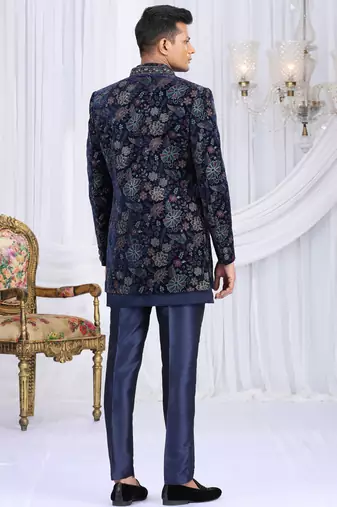 velvet silk navy blue wedding wear computer thread work readymade indo western