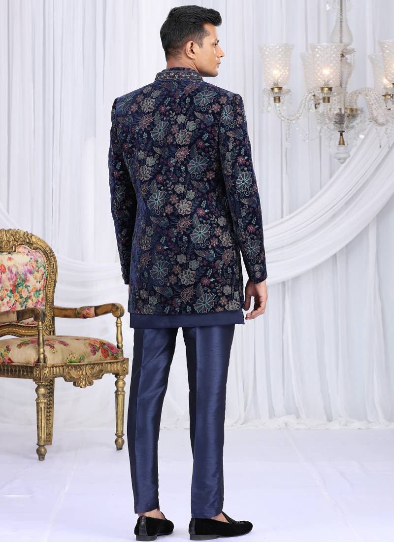 velvet silk navy blue wedding wear computer thread work readymade indo western