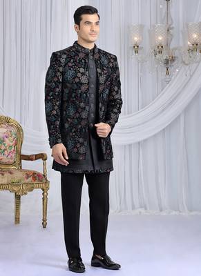 velvet silk black wedding wear computer thread work readymade indo western 1