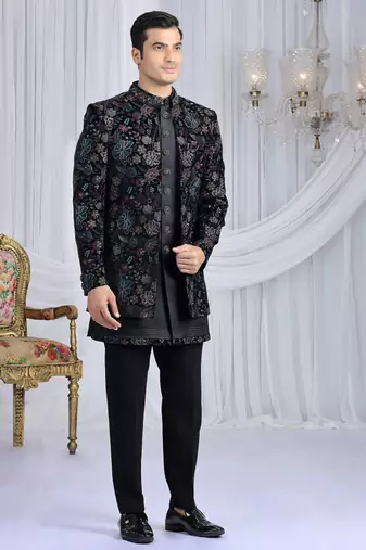 velvet silk black wedding wear computer thread work readymade indo western