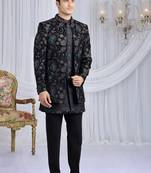 velvet silk black wedding wear computer thread work readymade indo western