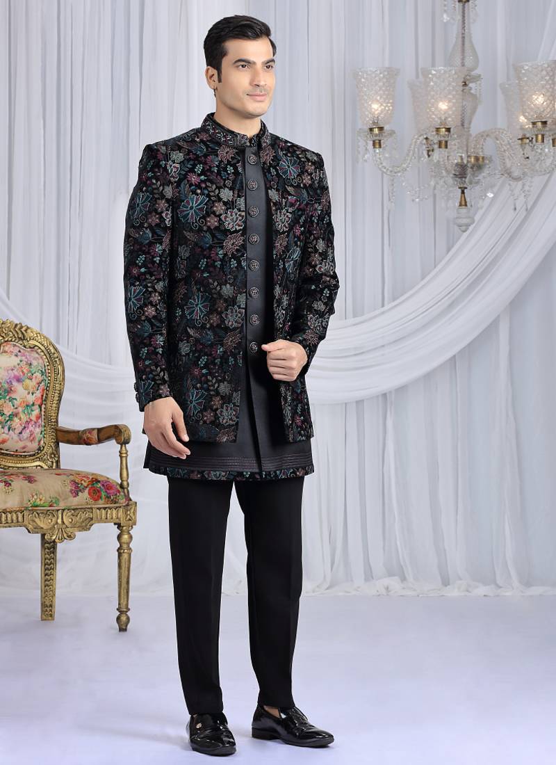 velvet silk black wedding wear computer thread work readymade indo western