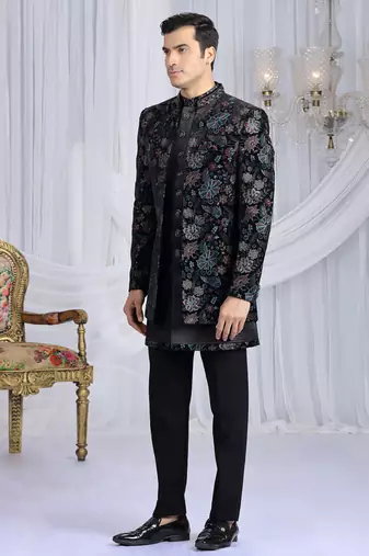 velvet silk black wedding wear computer thread work readymade indo western