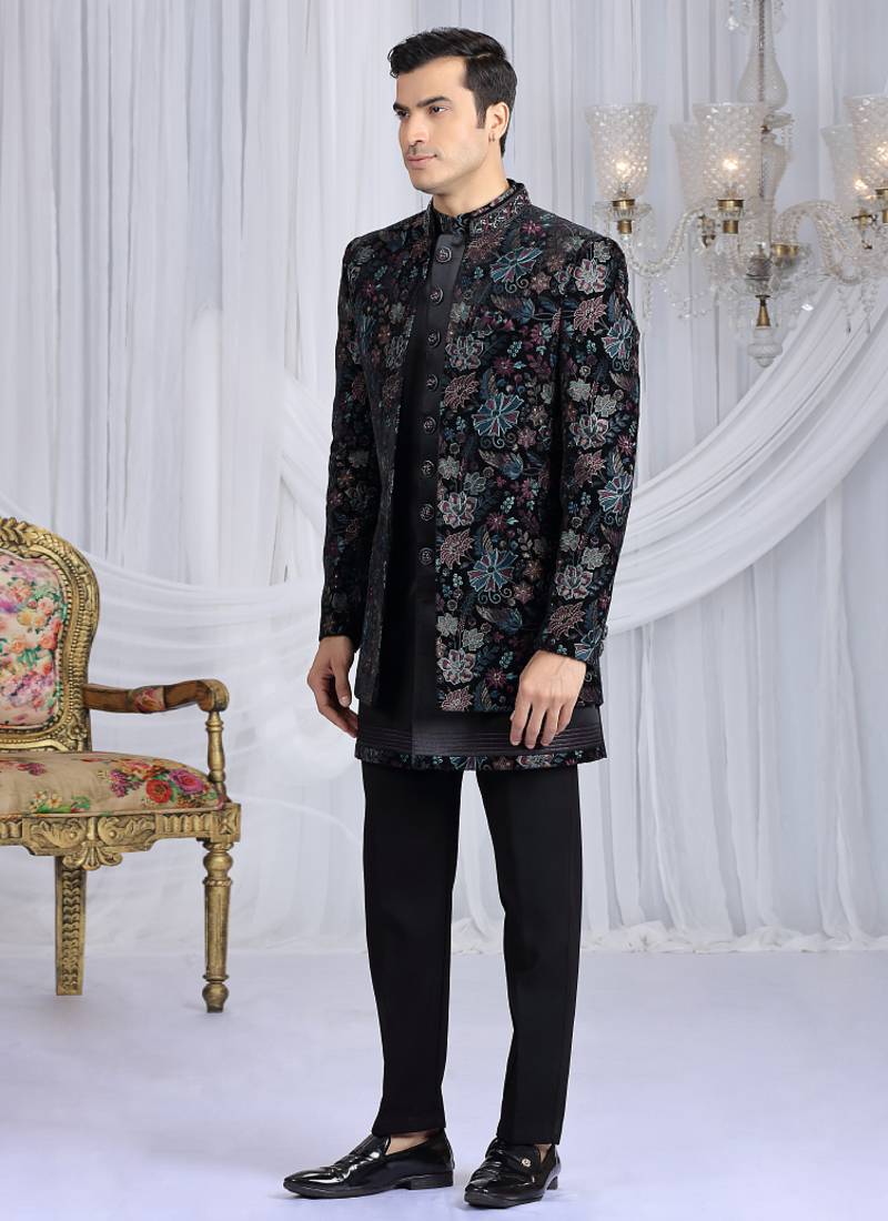 velvet silk black wedding wear computer thread work readymade indo western