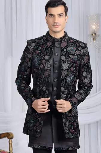 velvet silk black wedding wear computer thread work readymade indo western