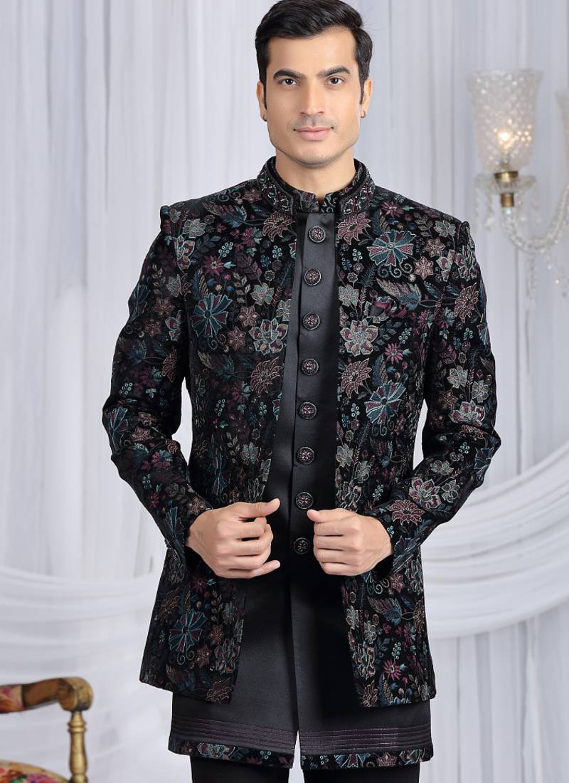 velvet silk black wedding wear computer thread work readymade indo western