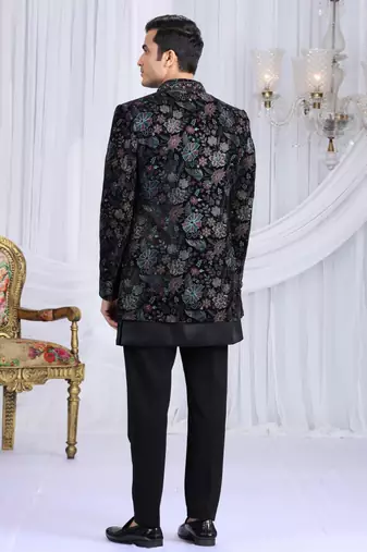 velvet silk black wedding wear computer thread work readymade indo western