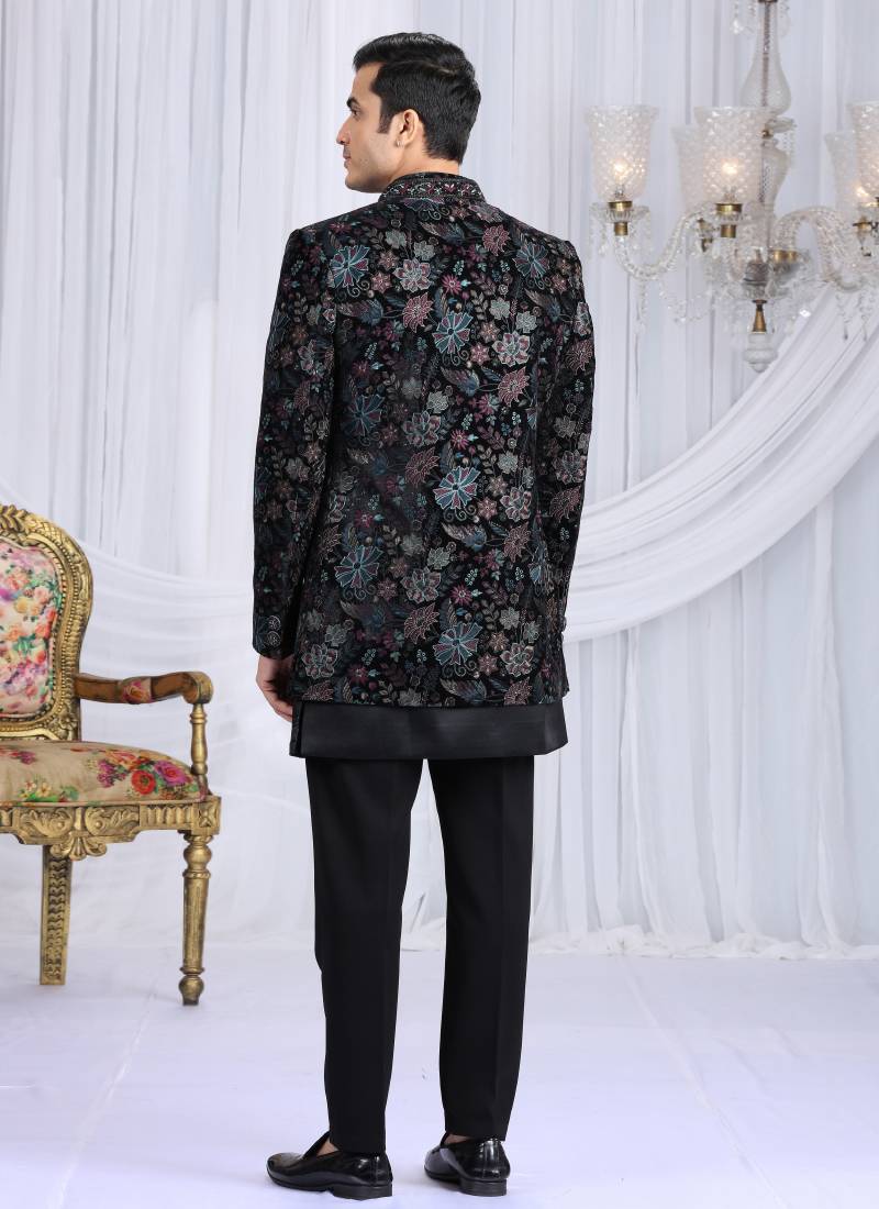 velvet silk black wedding wear computer thread work readymade indo western