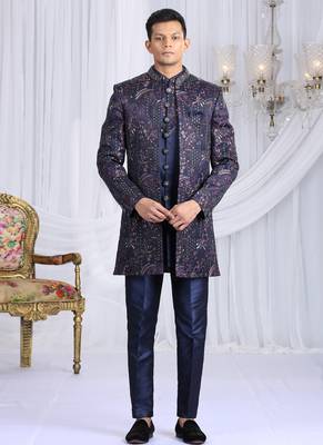 velvet silk navy blue wedding wear computer thread work readymade indo western 1