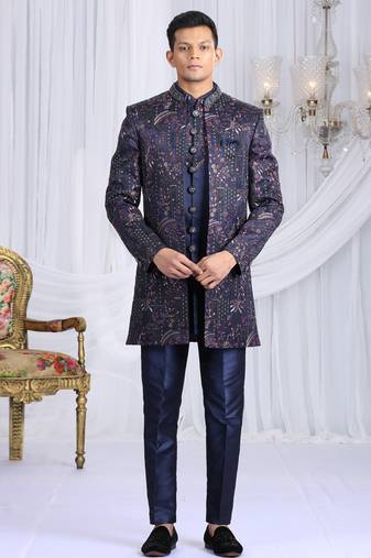 velvet silk navy blue wedding wear computer thread work readymade indo western