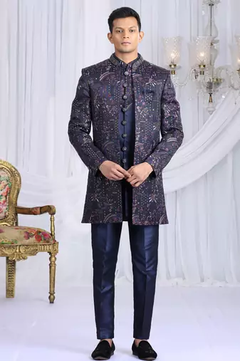 velvet silk navy blue wedding wear computer thread work readymade indo western