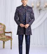velvet silk navy blue wedding wear computer thread work readymade indo western