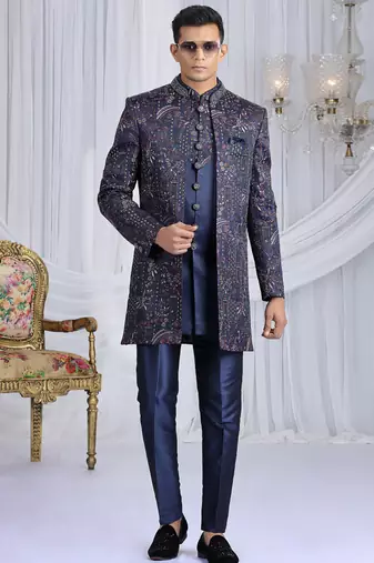 velvet silk navy blue wedding wear computer thread work readymade indo western
