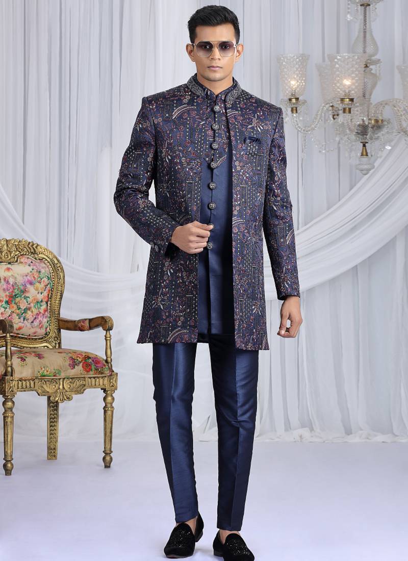velvet silk navy blue wedding wear computer thread work readymade indo western