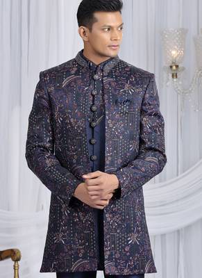 velvet silk navy blue wedding wear computer thread work readymade indo western 3