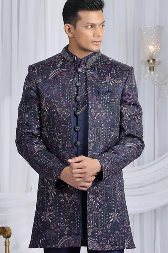 velvet silk navy blue wedding wear computer thread work readymade indo western