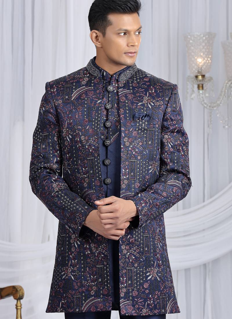 velvet silk navy blue wedding wear computer thread work readymade indo western