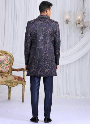 velvet silk navy blue wedding wear computer thread work readymade indo western 4