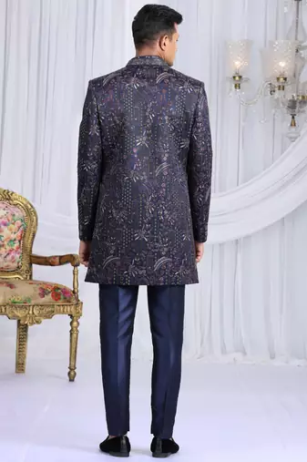 velvet silk navy blue wedding wear computer thread work readymade indo western