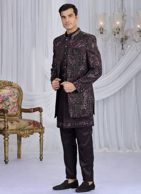 velvet silk wine wedding wear computer thread work readymade indo western 1