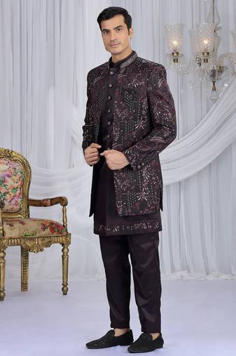 velvet silk wine wedding wear computer thread work readymade indo western