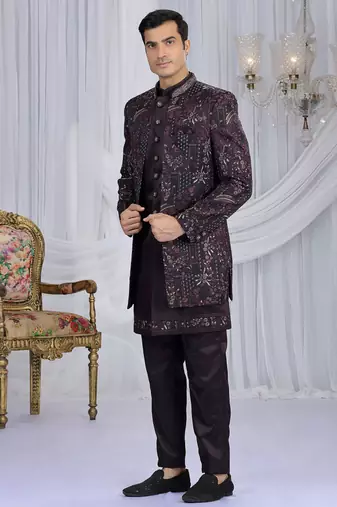 velvet silk wine wedding wear computer thread work readymade indo western