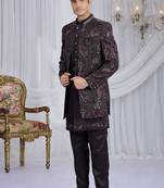 velvet silk wine wedding wear computer thread work readymade indo western