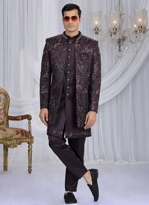 velvet silk wine wedding wear computer thread work readymade indo western 2