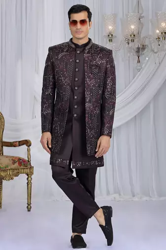 velvet silk wine wedding wear computer thread work readymade indo western