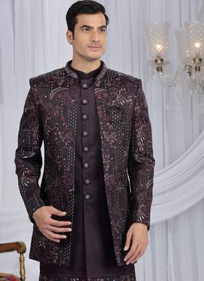 velvet silk wine wedding wear computer thread work readymade indo western 3