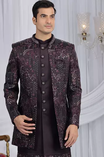 velvet silk wine wedding wear computer thread work readymade indo western