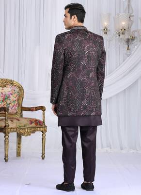 velvet silk wine wedding wear computer thread work readymade indo western 4