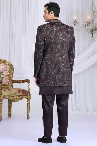 velvet silk wine wedding wear computer thread work readymade indo western