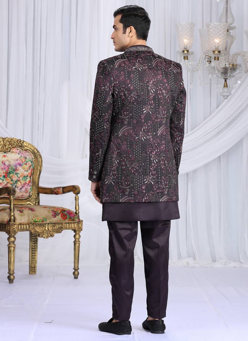 velvet silk wine wedding wear computer thread work readymade indo western