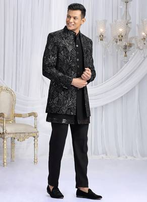 velvet silk black wedding wear computer thread work readymade indo western 1