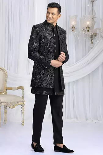 velvet silk black wedding wear computer thread work readymade indo western