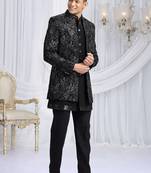 velvet silk black wedding wear computer thread work readymade indo western