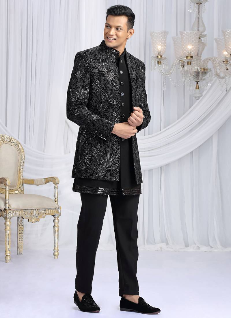 velvet silk black wedding wear computer thread work readymade indo western